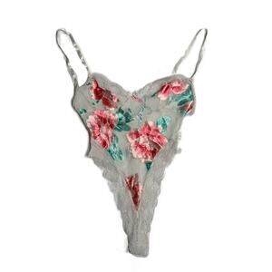 90s Lingerie Bodysuit Rose print sheer Small